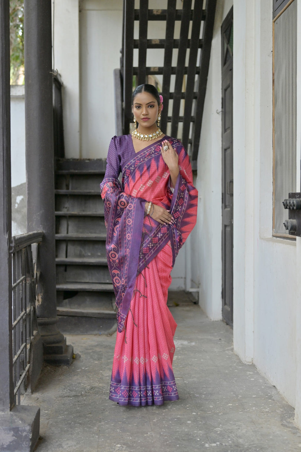 Jyoti Fashion Women's Pink Soft Tussar Silk Temple Border Saree with Blouse | Grocsy