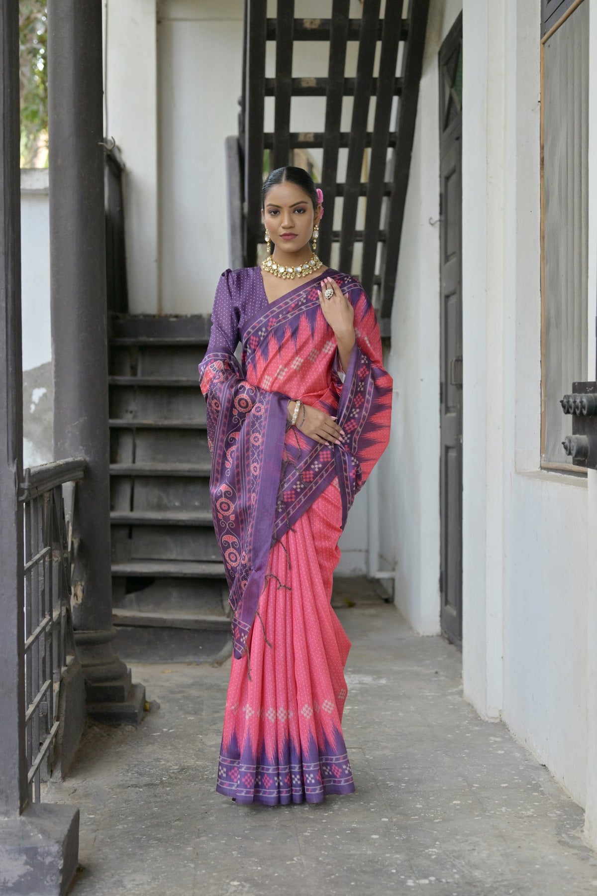 Jyoti Fashion Women's Pink Soft Tussar Silk Temple Border Saree with Blouse | Grocsy