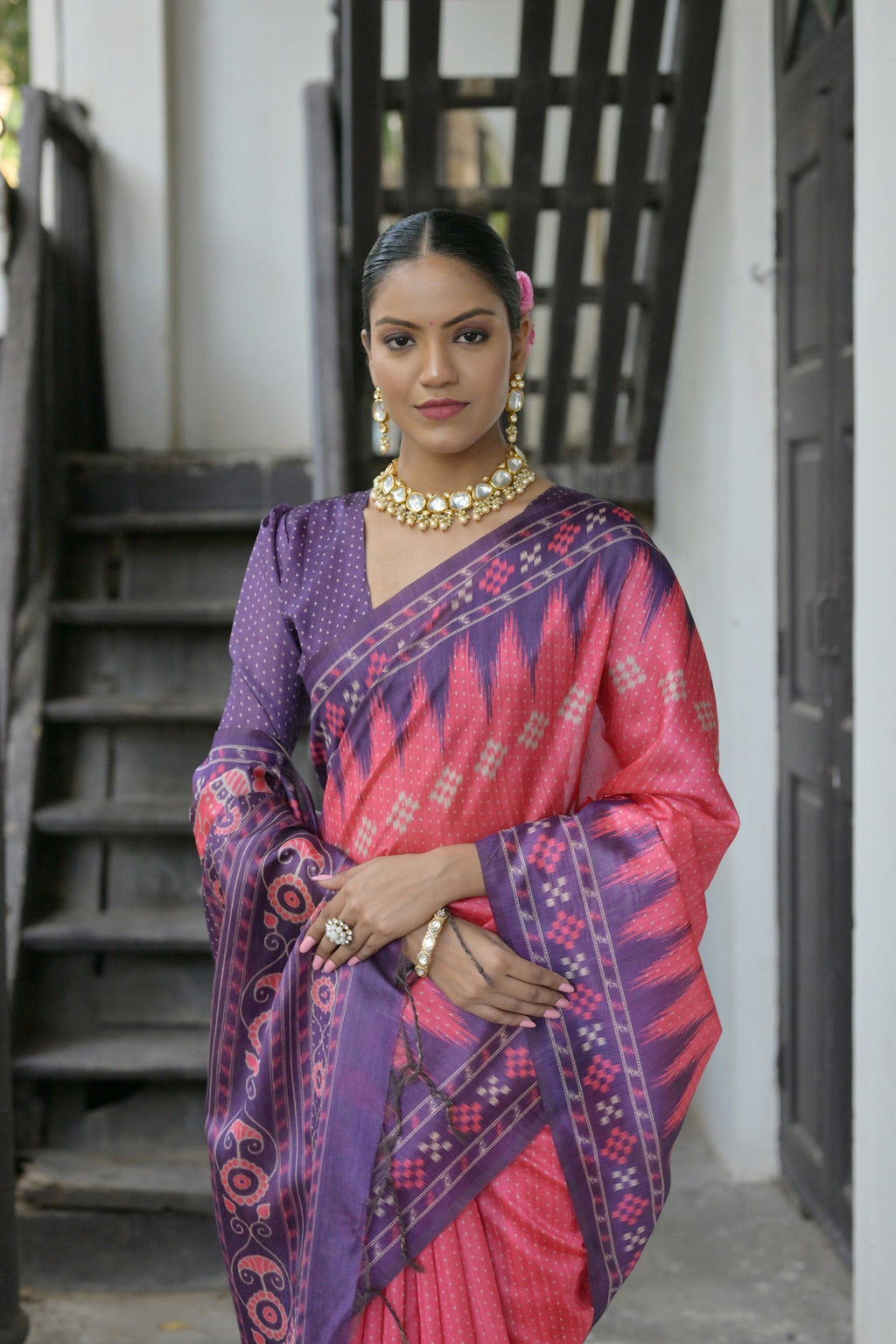 Jyoti Fashion Women's Pink Soft Tussar Silk Temple Border Saree with Blouse | Grocsy