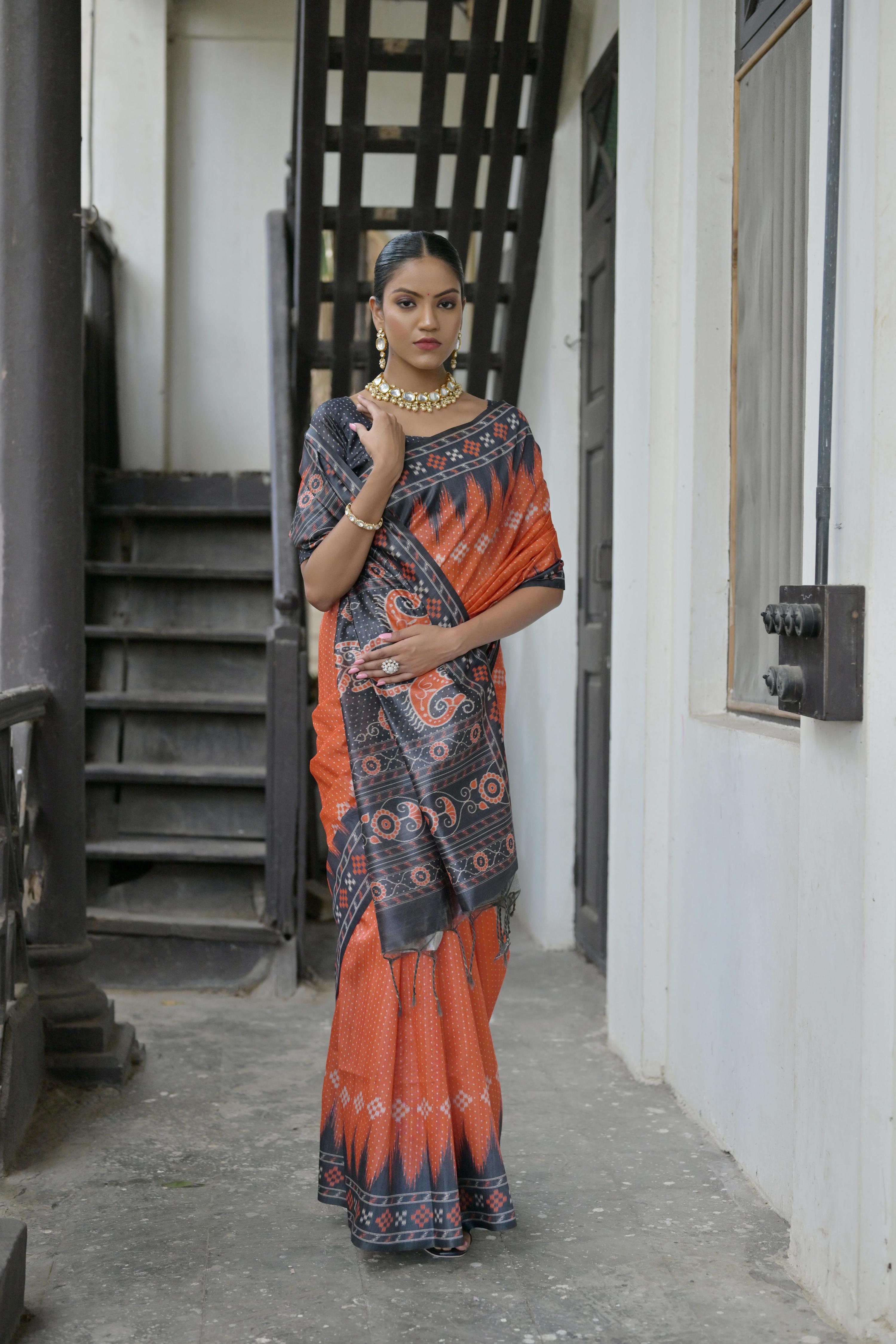 Jyoti Fashion Women's Red Soft Tussar Silk Temple Border Saree with Blouse | Grocsy