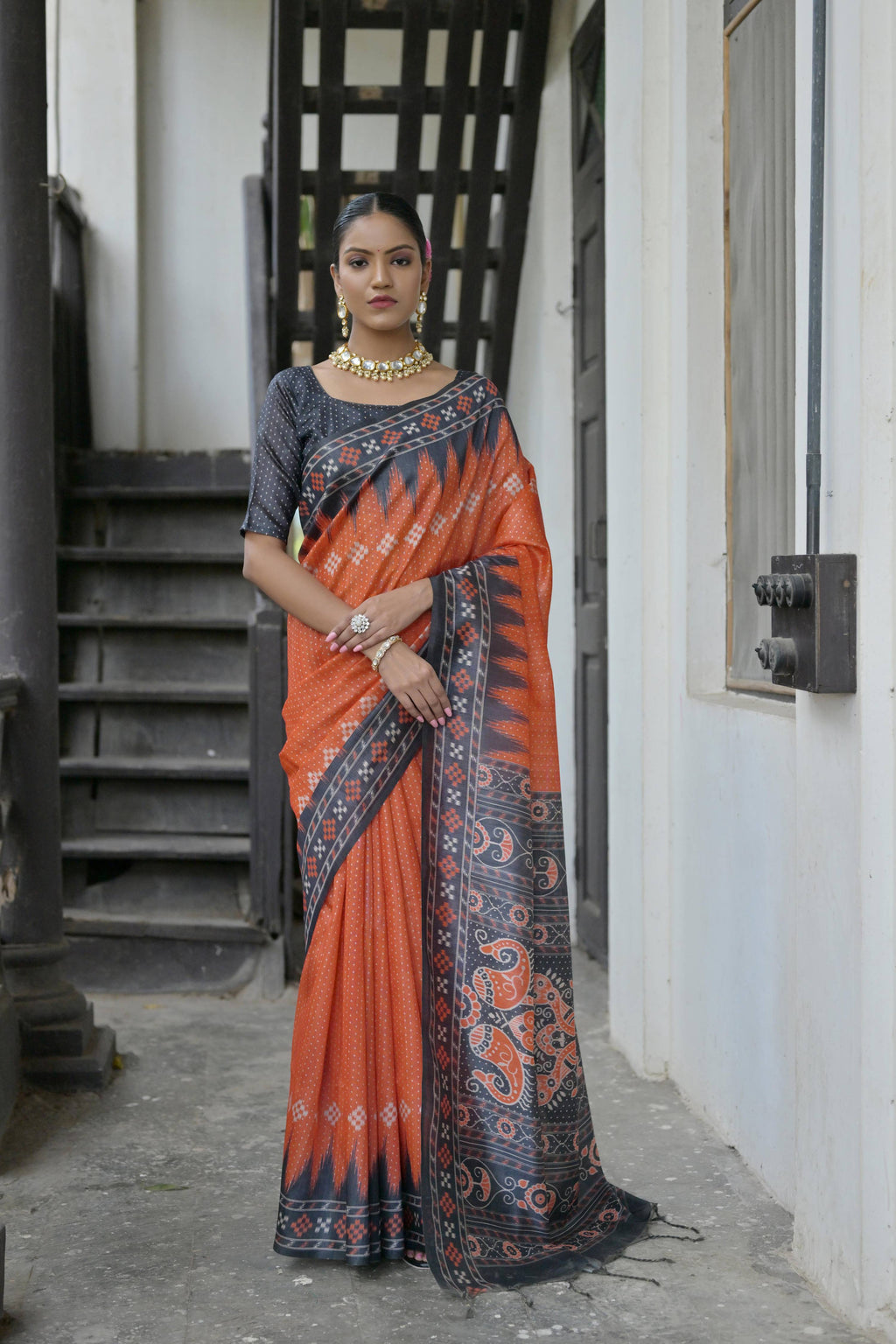 Jyoti Fashion Women's Red Soft Tussar Silk Temple Border Saree with Blouse | Grocsy
