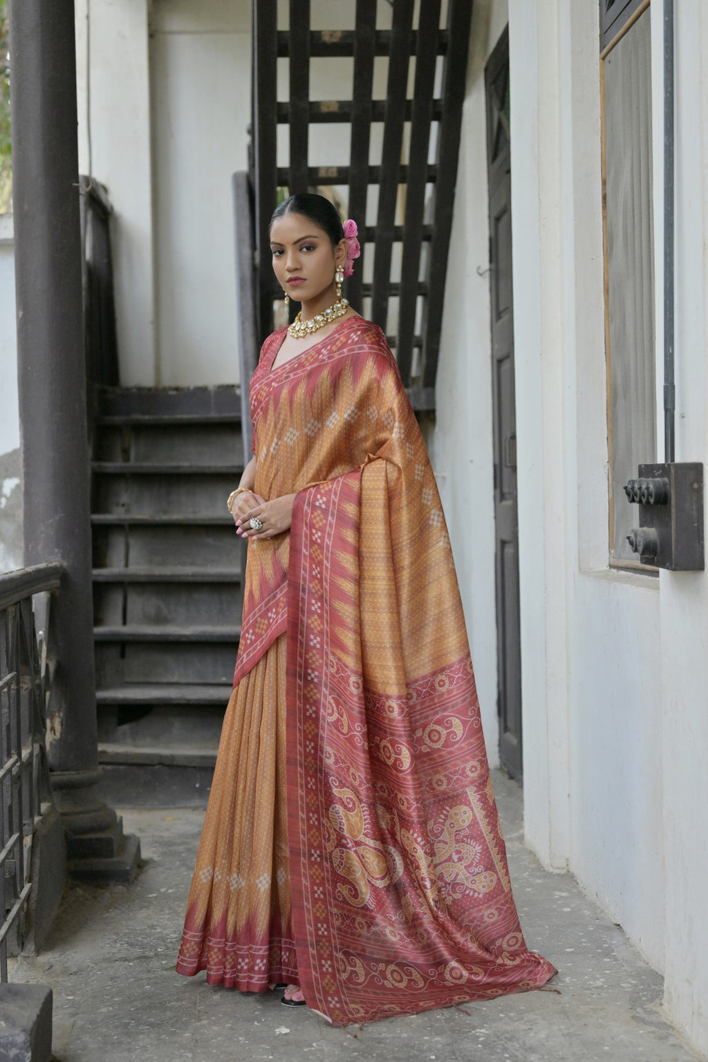 Jyoti Fashion Women's Mustard Soft Tussar Silk Temple Border Saree with Blouse | Grocsy