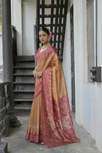 Jyoti Fashion Women's Mustard Soft Tussar Silk Temple Border Saree with Blouse | Grocsy