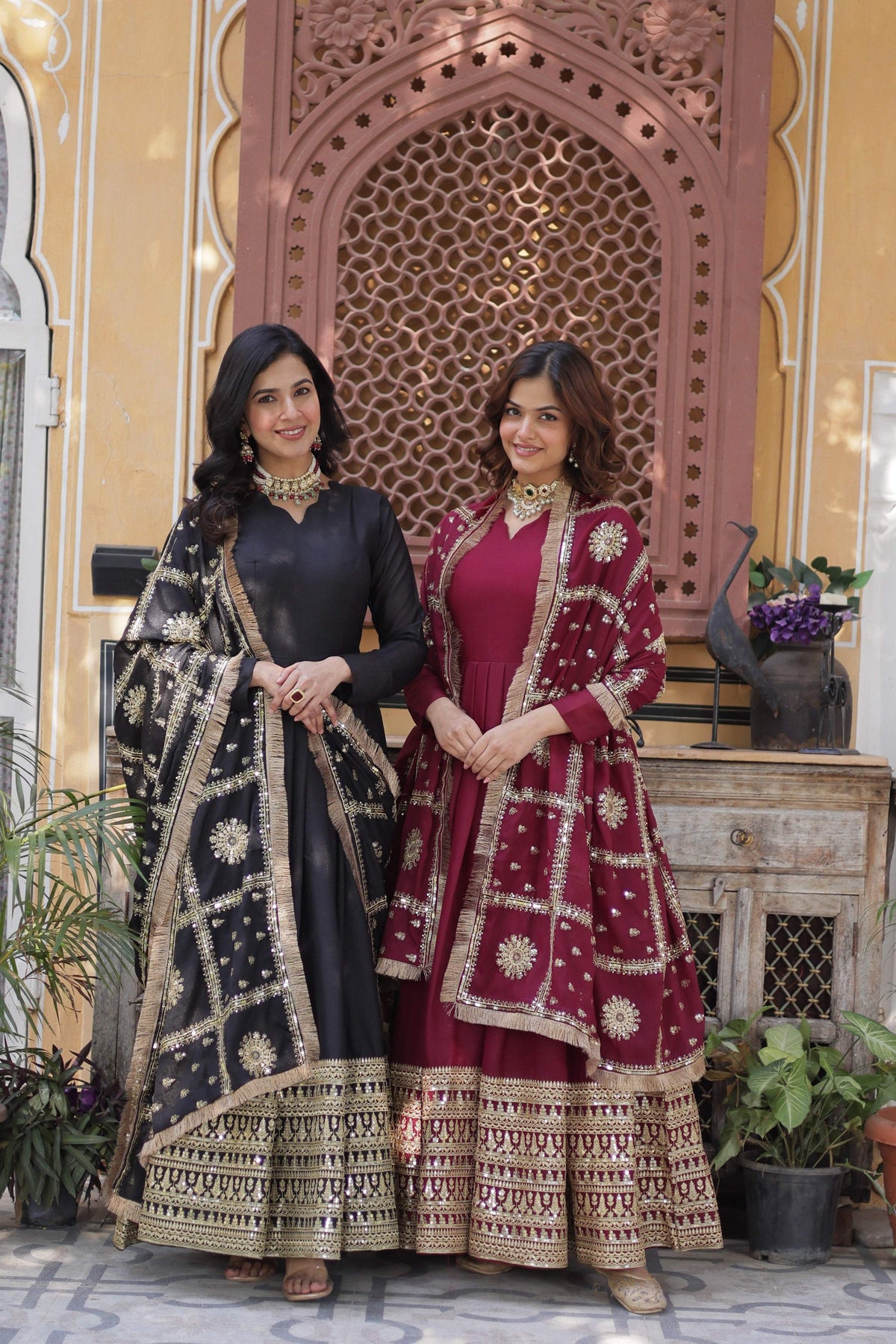 Jyoti Fashion Women's Black & Maroon Star Georgette Sequins Zari Embroidered Combo Anarkali Sets | Grocsy