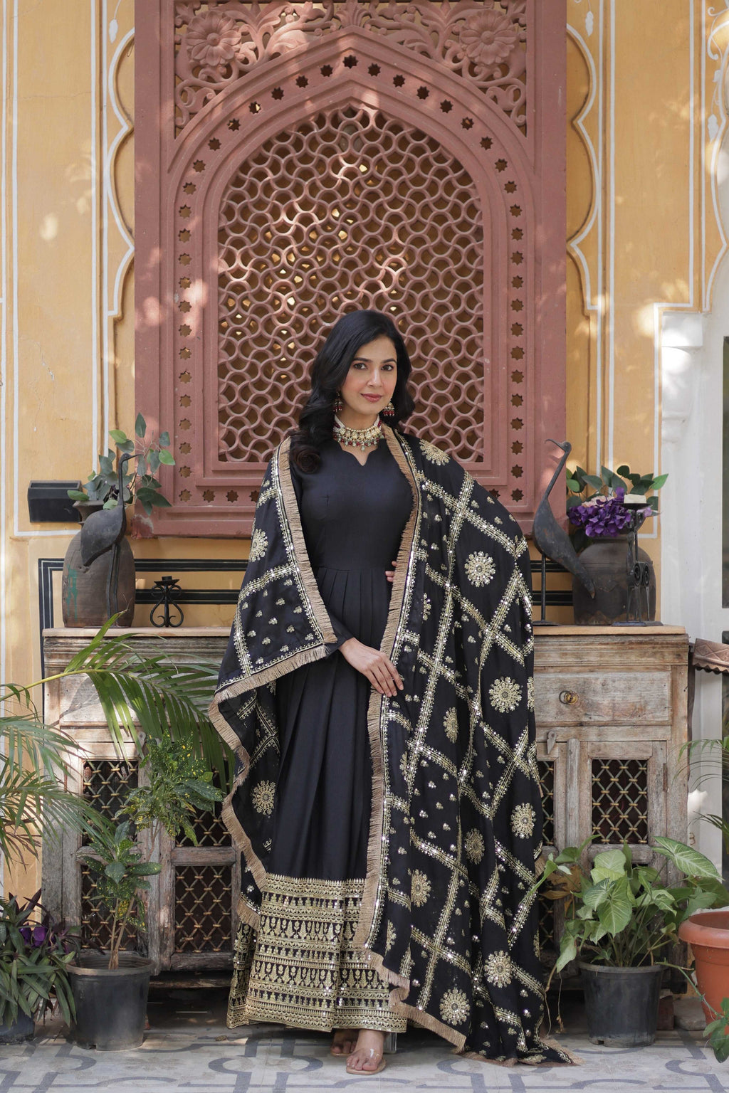 Jyoti Fashion Women's Black Star Georgette Sequins Zari Embroidered Long Anarkali Sets | Grocsy