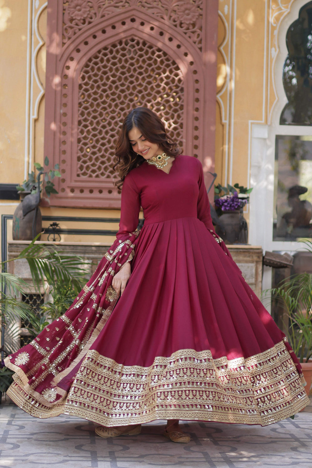 Jyoti Fashion Women's Maroon Star Georgette Sequins Zari Embroidered Long Anarkali Sets | Grocsy