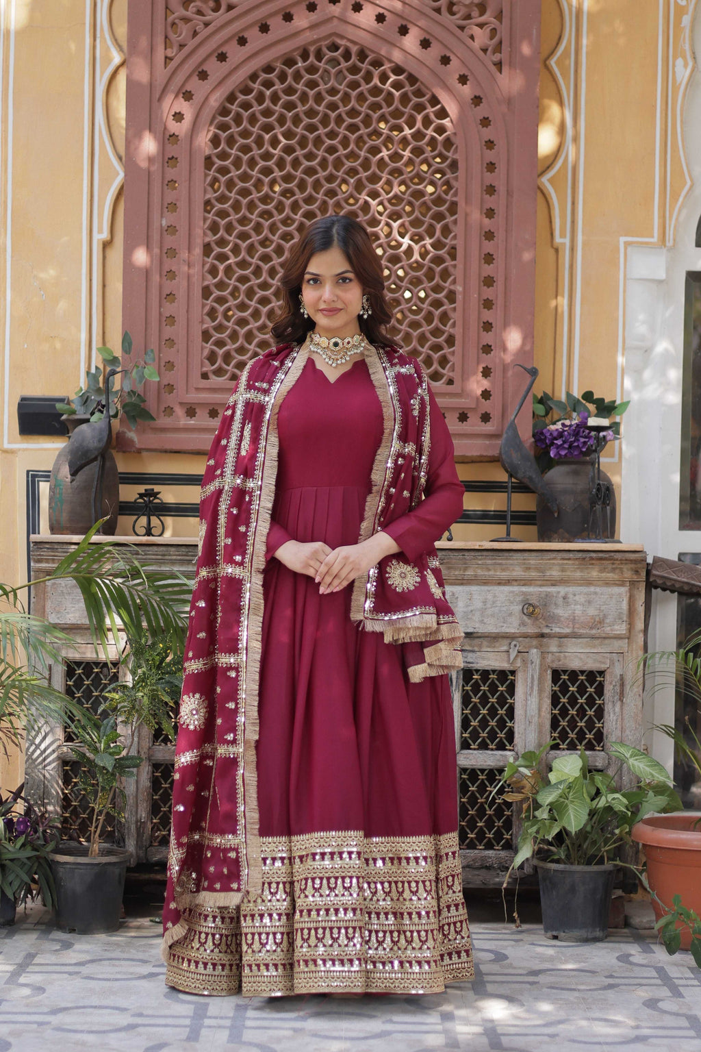 Jyoti Fashion Women's Maroon Star Georgette Sequins Zari Embroidered Long Anarkali Sets | Grocsy