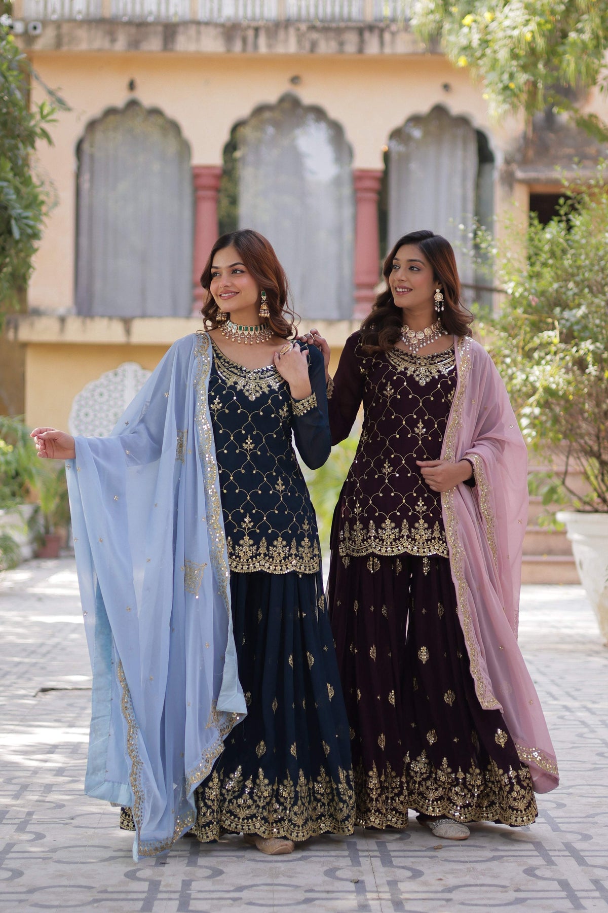 Jyoti Fashion Women's Rama & Wine Faux Blooming Sequins Embroidered Combo Sharara Set with Dupatta | Grocsy