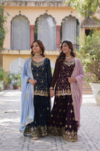 Jyoti Fashion Women's Rama & Wine Faux Blooming Sequins Embroidered Combo Sharara Set with Dupatta | Grocsy