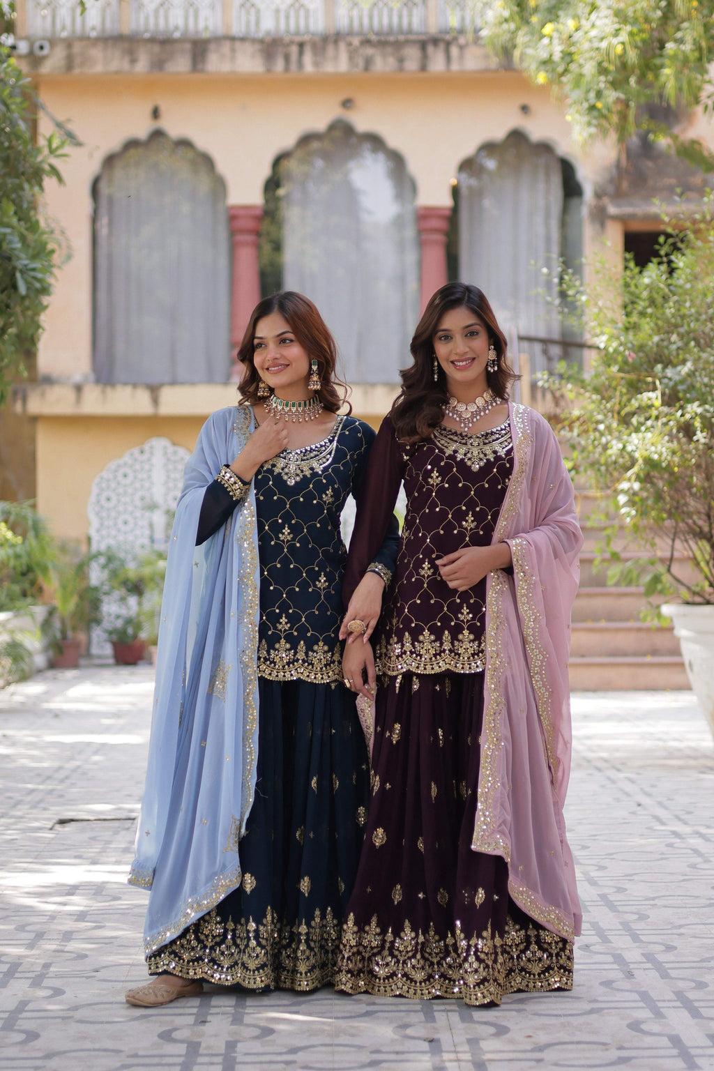 Jyoti Fashion Women's Rama & Wine Faux Blooming Sequins Embroidered Combo Sharara Set with Dupatta | Grocsy