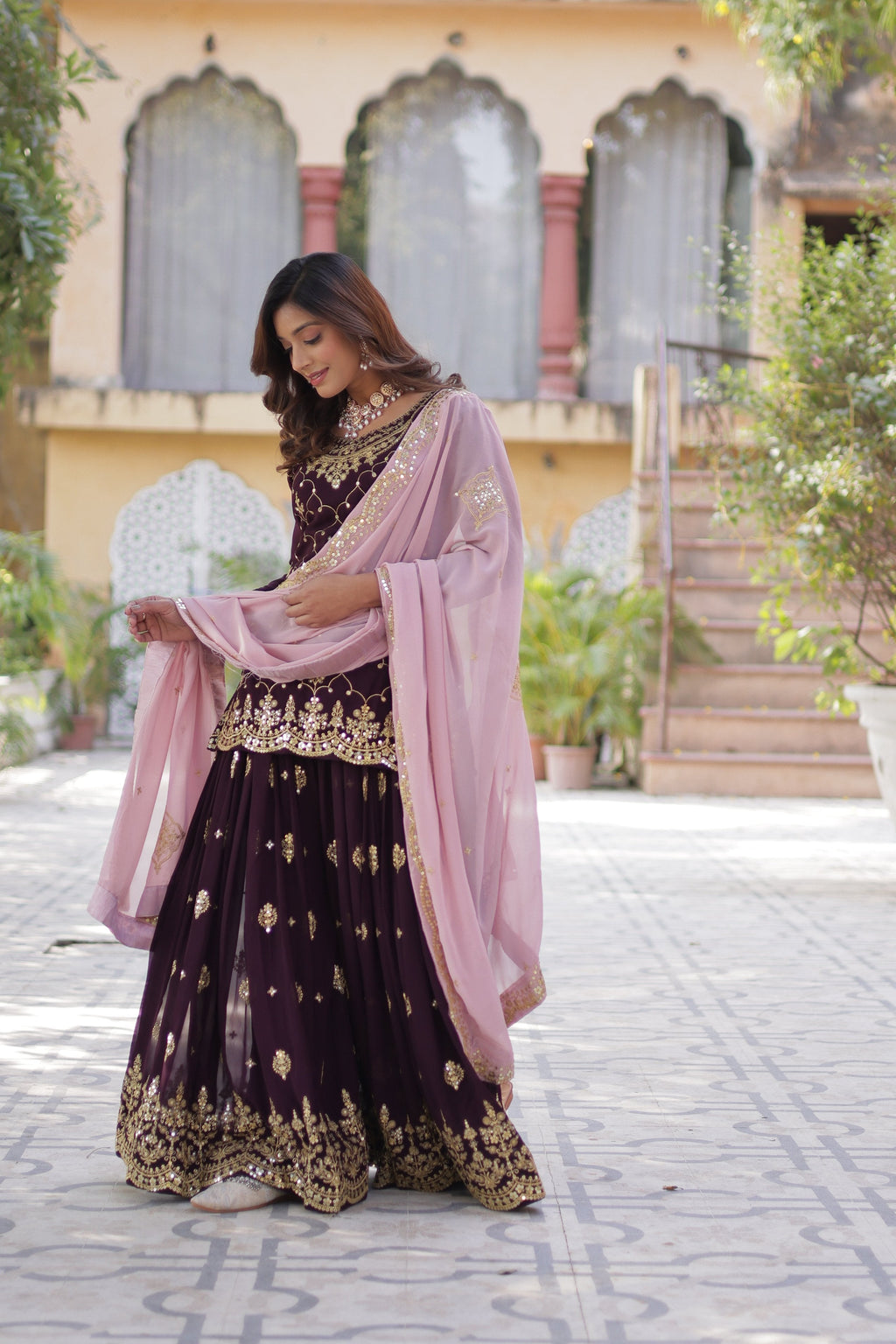 Jyoti Fashion Women's Wine Faux Blooming Sequins Embroidered Sharara Set with Dupatta | Grocsy