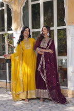 Jyoti Fashion Women's Yellow & Wine Faux Georgette Rich Sequins Embroidered Combo Anarkali Set with Dupatta | Grocsy