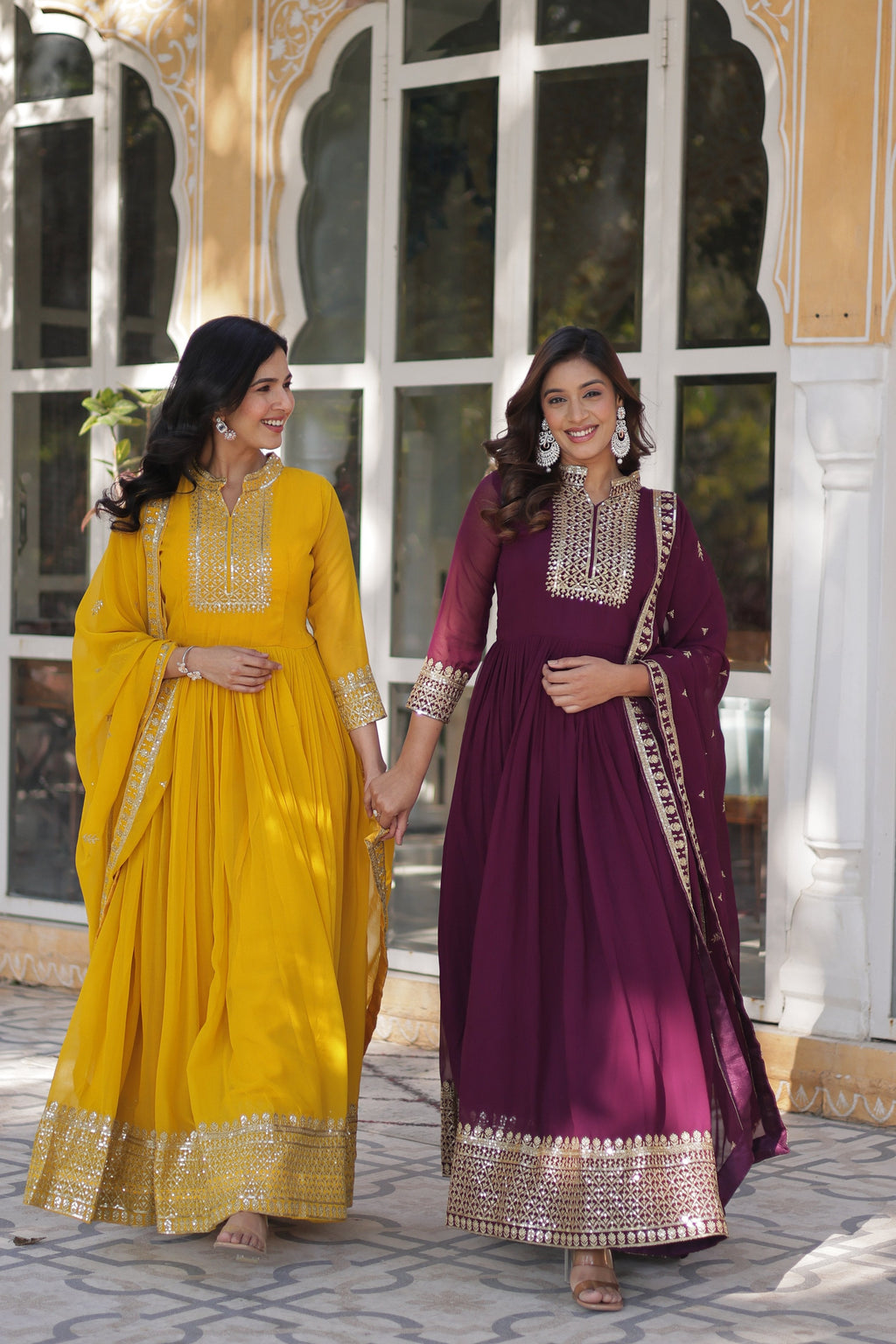 Jyoti Fashion Women's Yellow & Wine Faux Georgette Rich Sequins Embroidered Combo Anarkali Set with Dupatta | Grocsy