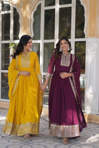 Jyoti Fashion Women's Yellow & Wine Faux Georgette Rich Sequins Embroidered Combo Anarkali Set with Dupatta | Grocsy
