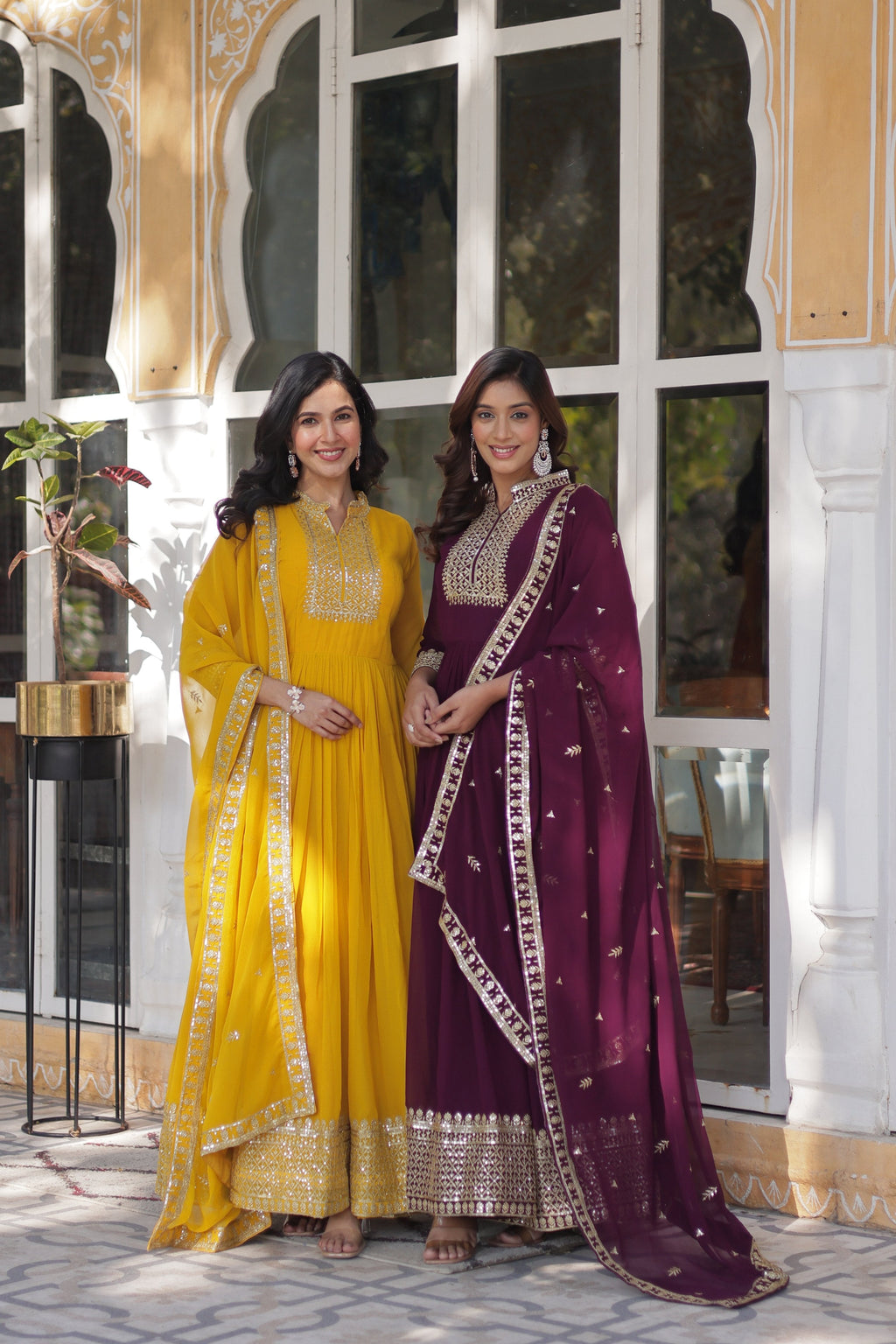 Jyoti Fashion Women's Yellow & Wine Faux Georgette Rich Sequins Embroidered Combo Anarkali Set with Dupatta | Grocsy