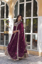Jyoti Fashion Women's Wine Faux Georgette Rich Sequins Embroidered Anarkali Set with Dupatta | Grocsy