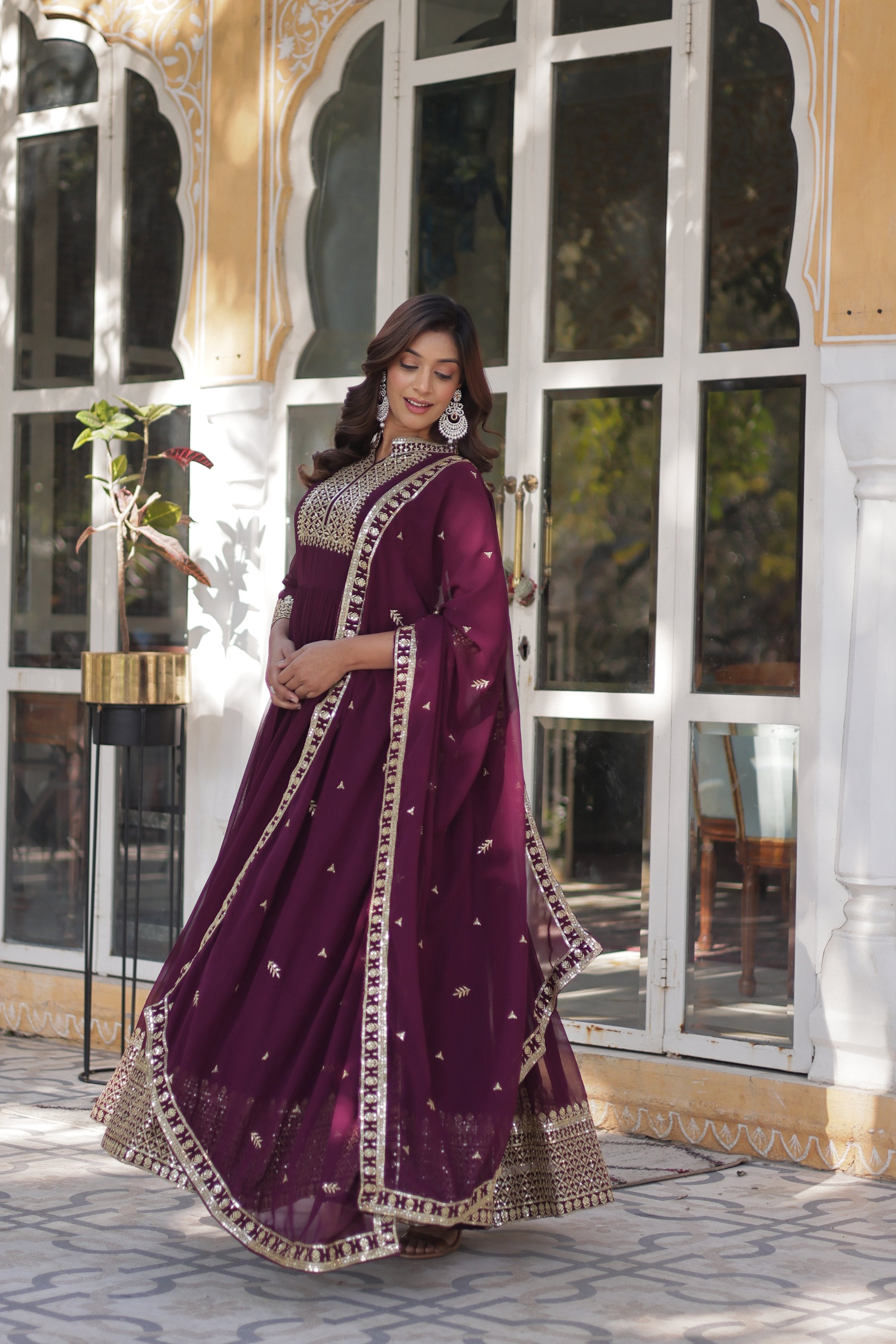 Jyoti Fashion Women's Wine Faux Georgette Rich Sequins Embroidered Anarkali Set with Dupatta | Grocsy
