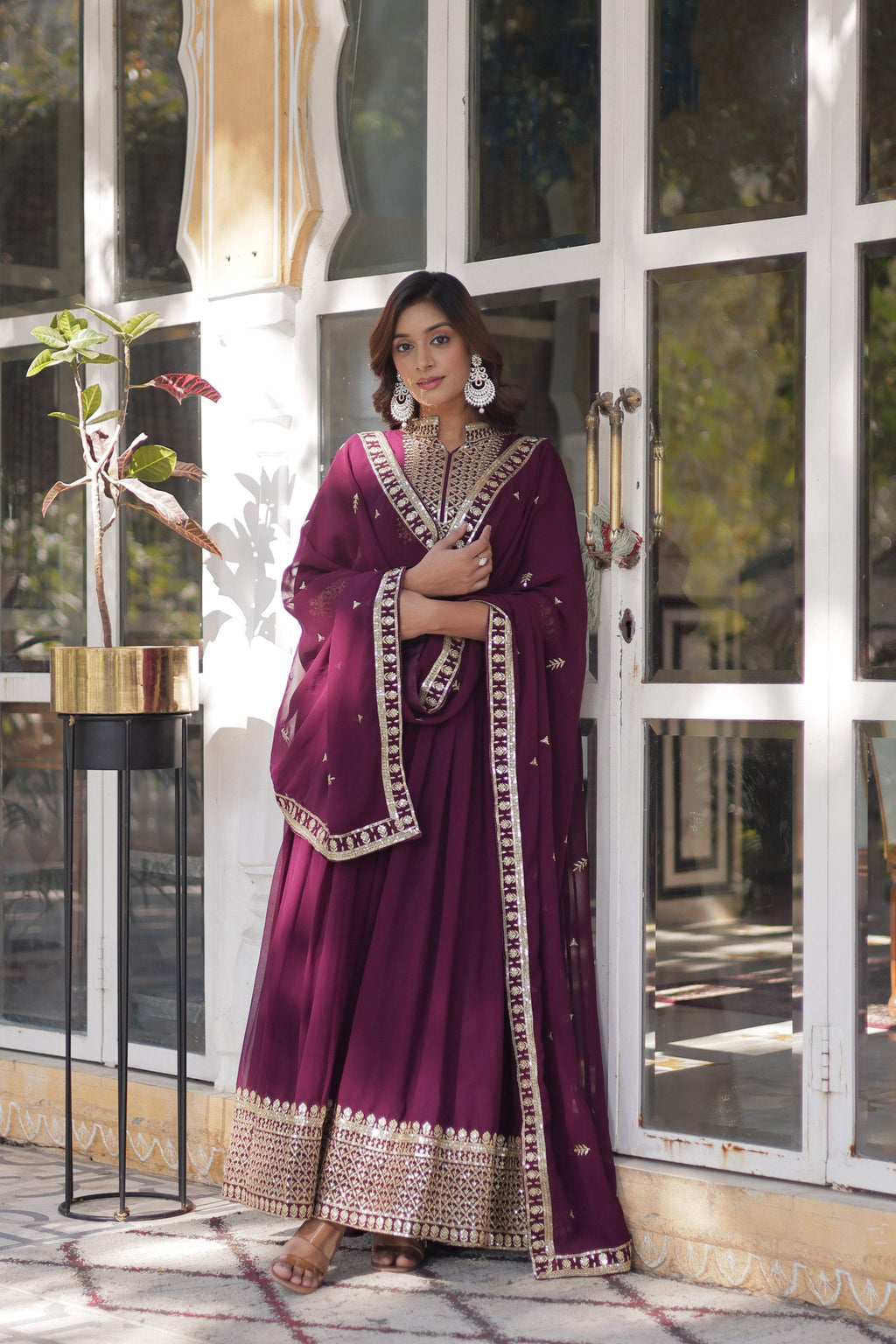 Jyoti Fashion Women's Wine Faux Georgette Rich Sequins Embroidered Anarkali Set with Dupatta | Grocsy