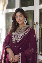 Jyoti Fashion Women's Wine Faux Georgette Rich Sequins Embroidered Anarkali Set with Dupatta | Grocsy