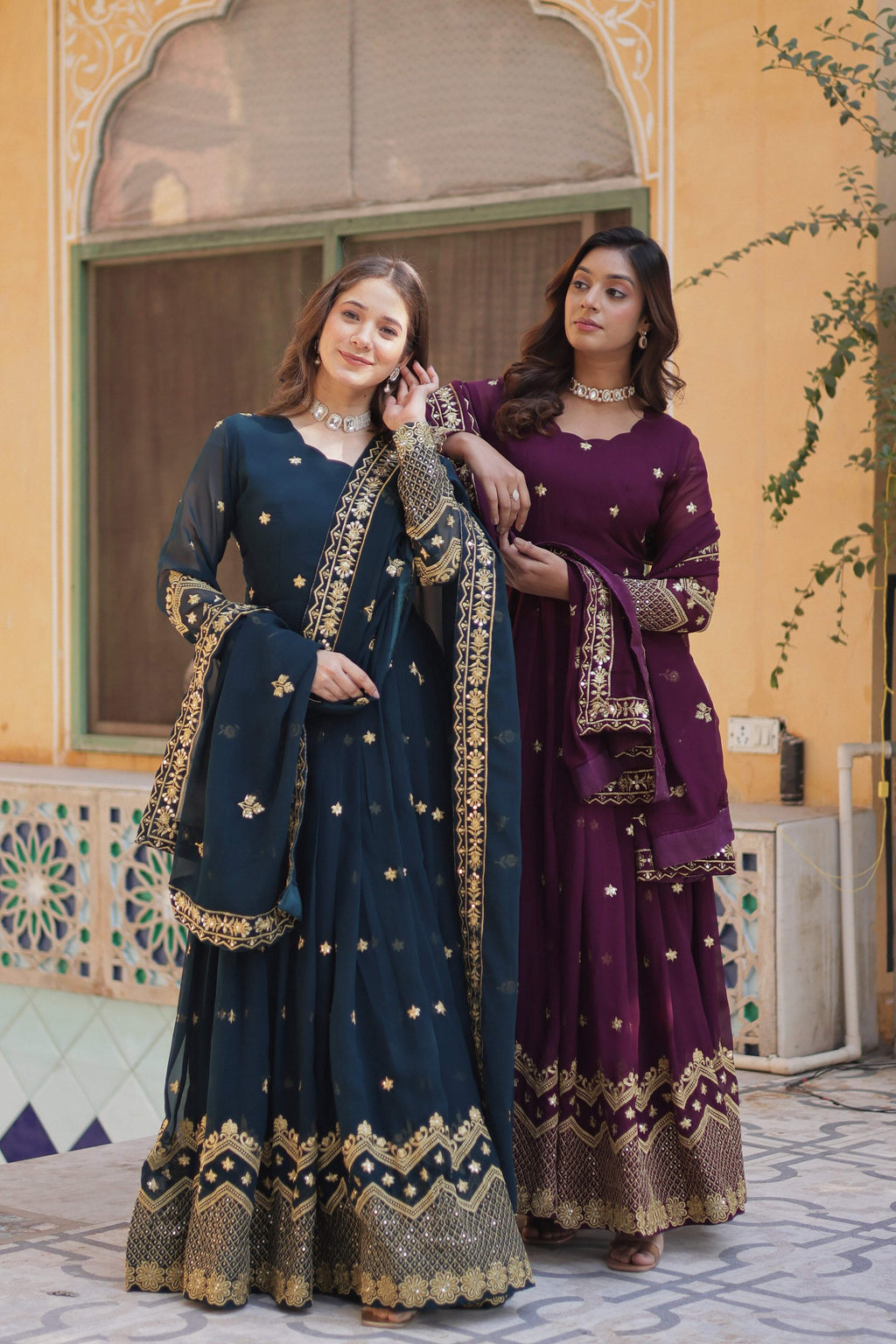 Jyoti Fashion Women's Rama & Wine Faux Georgette Zari with Sequins Embroidered Combo Anarkali Set with Dupatta | Grocsy