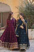 Jyoti Fashion Women's Rama & Wine Faux Georgette Zari with Sequins Embroidered Combo Anarkali Set with Dupatta | Grocsy