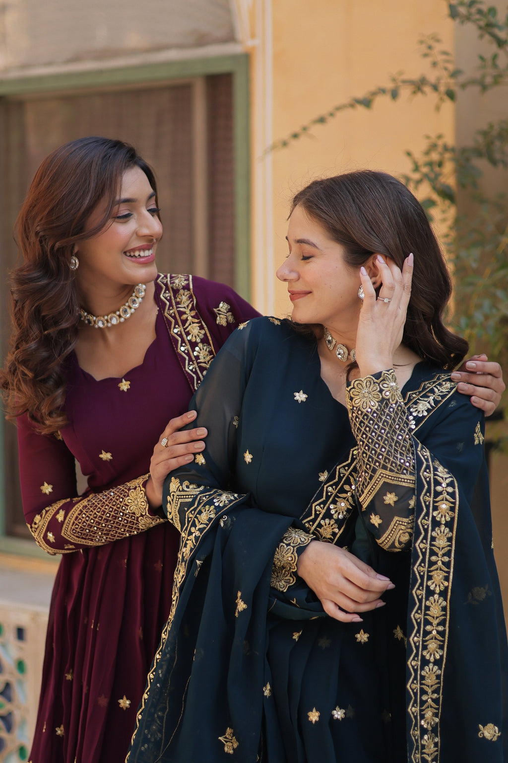 Jyoti Fashion Women's Rama & Wine Faux Georgette Zari with Sequins Embroidered Combo Anarkali Set with Dupatta | Grocsy