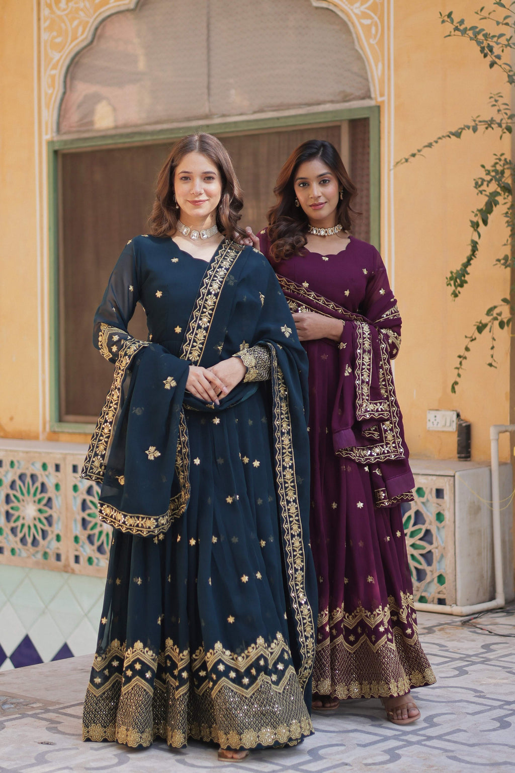 Jyoti Fashion Women's Rama & Wine Faux Georgette Zari with Sequins Embroidered Combo Anarkali Set with Dupatta | Grocsy