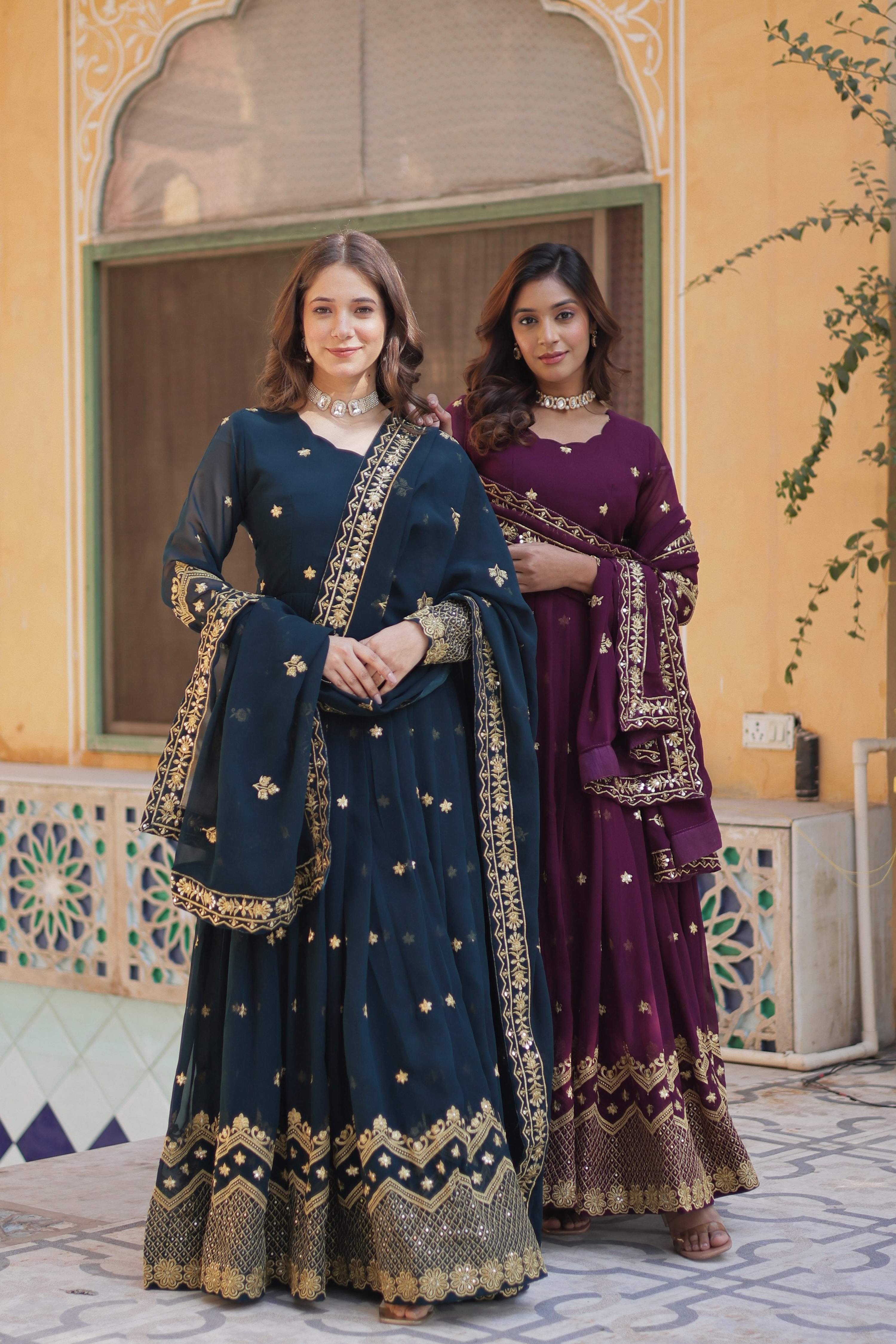 Jyoti Fashion Women's Rama & Wine Faux Georgette Zari with Sequins Embroidered Combo Anarkali Set with Dupatta | Grocsy