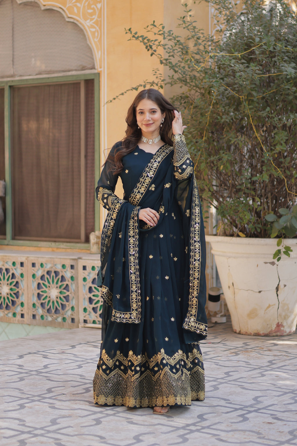 Jyoti Fashion Women's Rama Faux Georgette Zari with Sequins Embroidered Anarkali Set with Dupatta | Grocsy