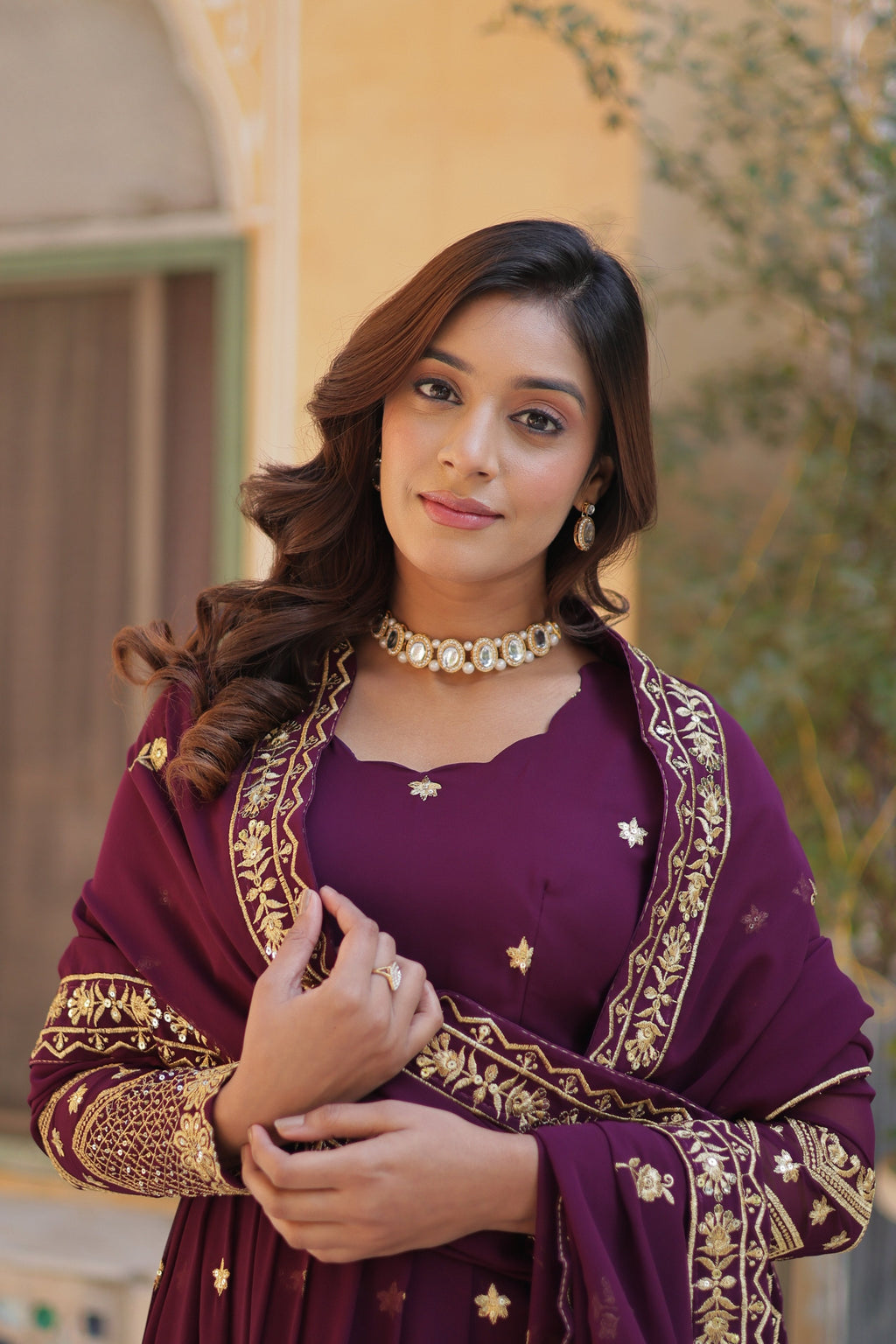 Jyoti Fashion Women's Wine Faux Georgette Zari with Sequins Embroidered Anarkali Set with Dupatta | Grocsy