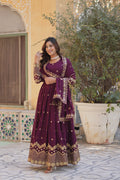 Jyoti Fashion Women's Wine Faux Georgette Zari with Sequins Embroidered Anarkali Set with Dupatta | Grocsy