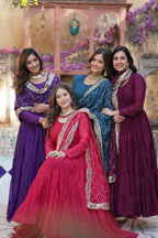 Jyoti Fashion Women's Wine, Rama, Pink & Jamuni Star Georgette Rich Sequins Embroidered Combo Anarkali Set with Dupatta | Grocsy