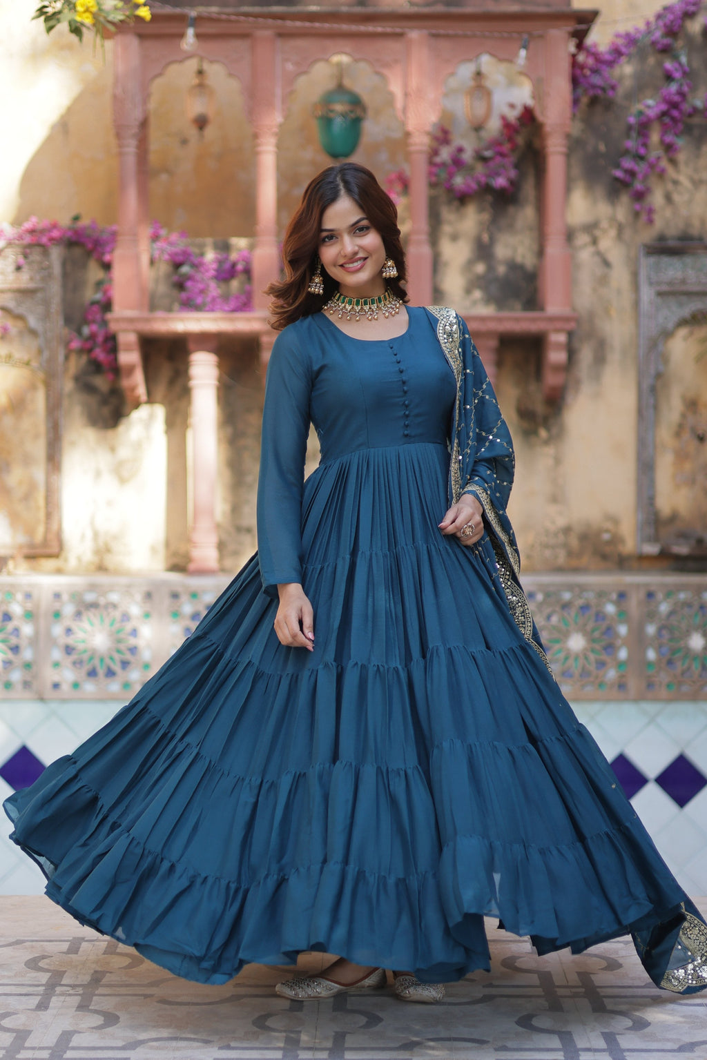 Jyoti Fashion Women's Rama Star Georgette Rich Sequins Embroidered Anarkali Set with Dupatta | Grocsy