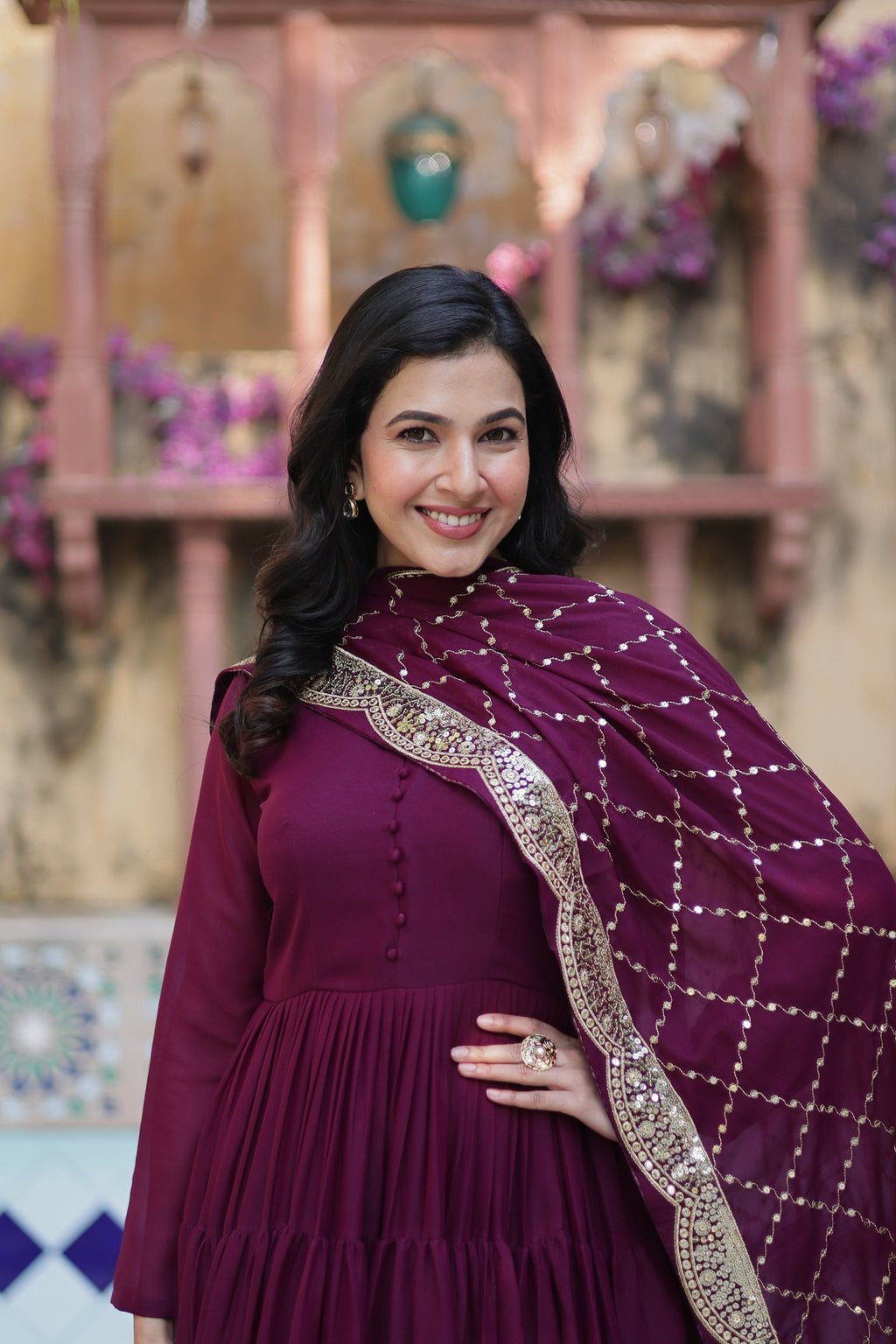 Jyoti Fashion Women's Wine Star Georgette Rich Sequins Embroidered Anarkali Set with Dupatta | Grocsy