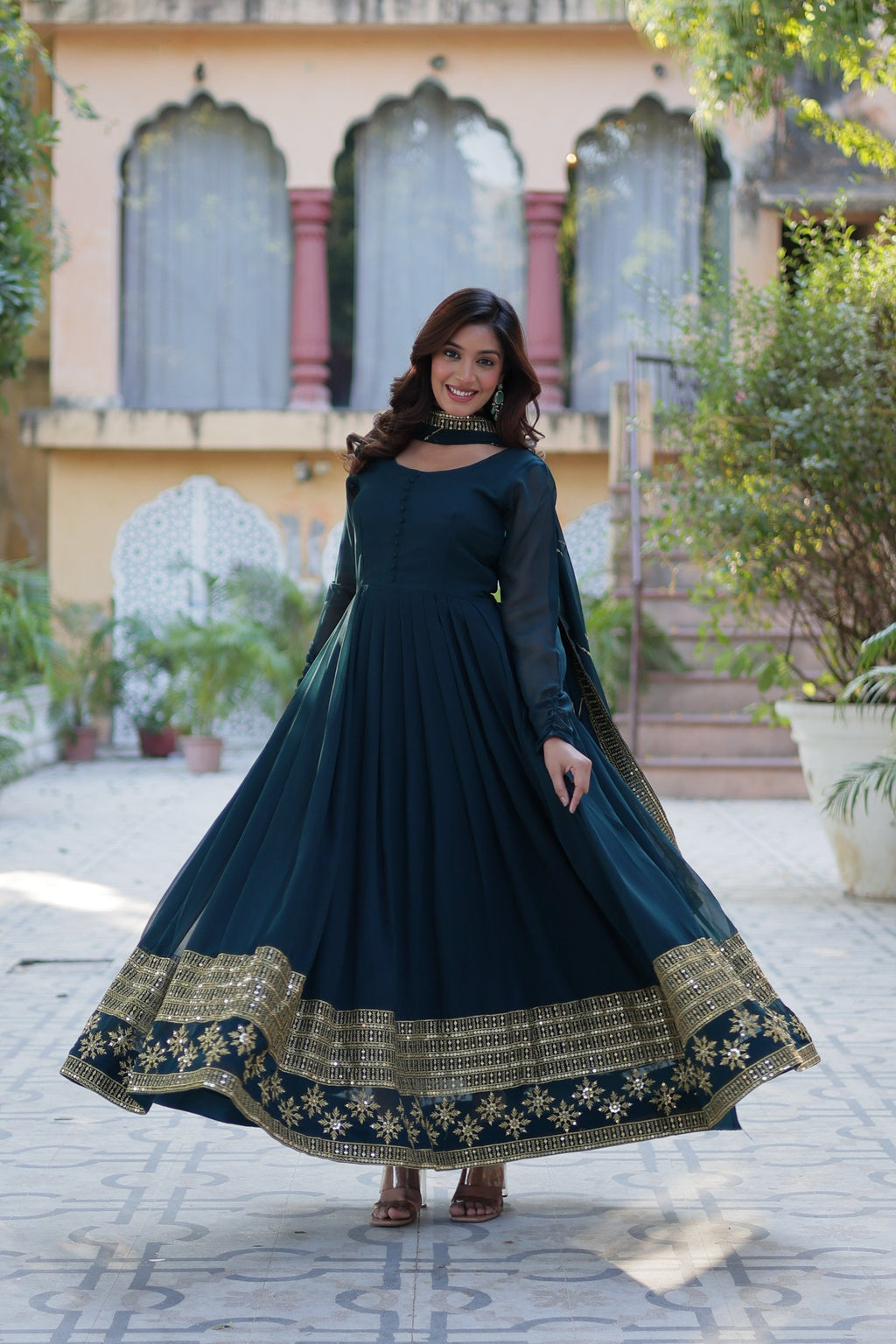 Jyoti Fashion Women's Rama Faux Blooming Multi Sequins Embroidered Anarkali Set with Dupatta | Grocsy