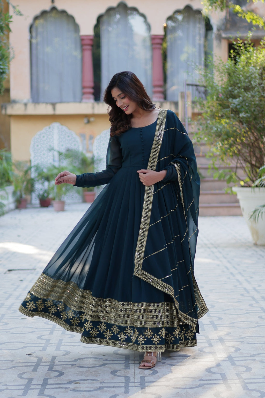 Jyoti Fashion Women's Rama Faux Blooming Multi Sequins Embroidered Anarkali Set with Dupatta | Grocsy