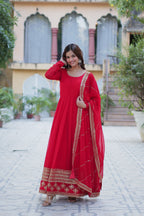 Jyoti Fashion Women's Red Faux Blooming Multi Sequins Embroidered Anarkali Set with Dupatta | Grocsy