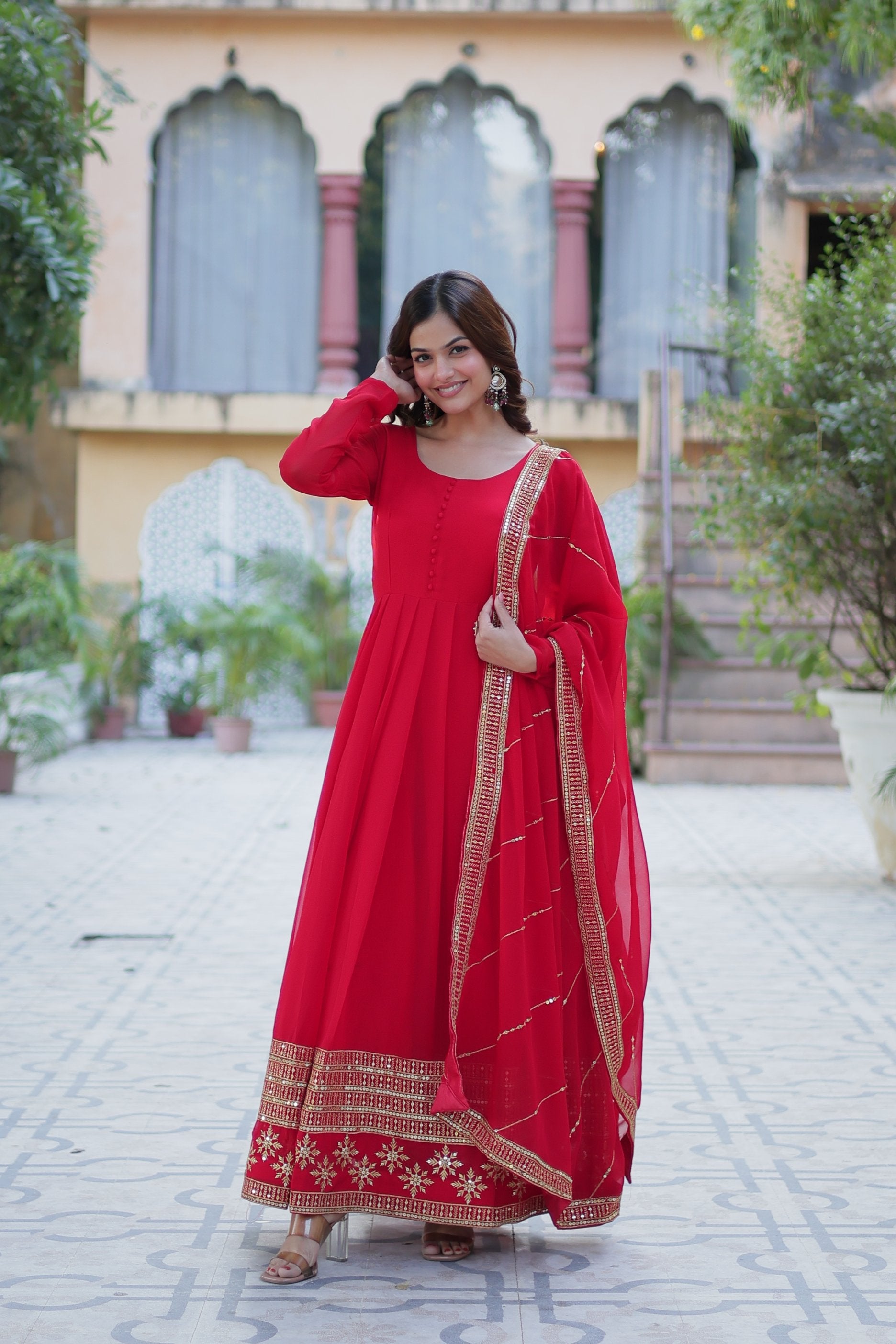 Jyoti Fashion Women's Red Faux Blooming Multi Sequins Embroidered Anarkali Set with Dupatta | Grocsy
