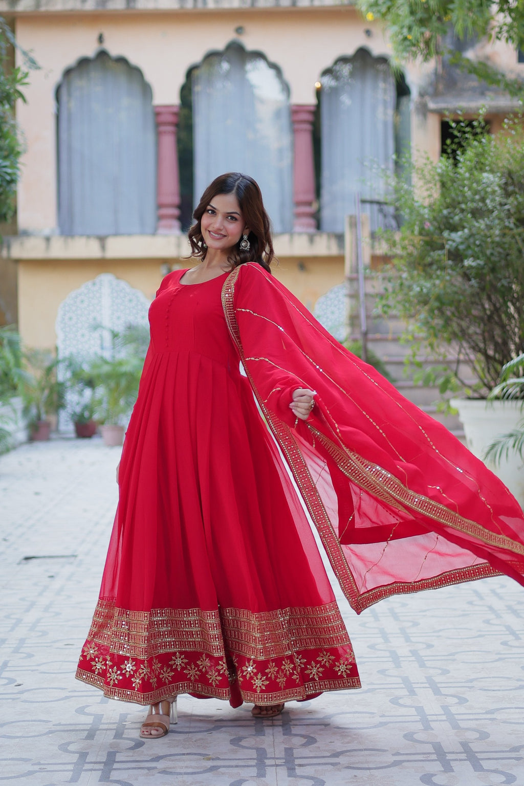 Jyoti Fashion Women's Red Faux Blooming Multi Sequins Embroidered Anarkali Set with Dupatta | Grocsy