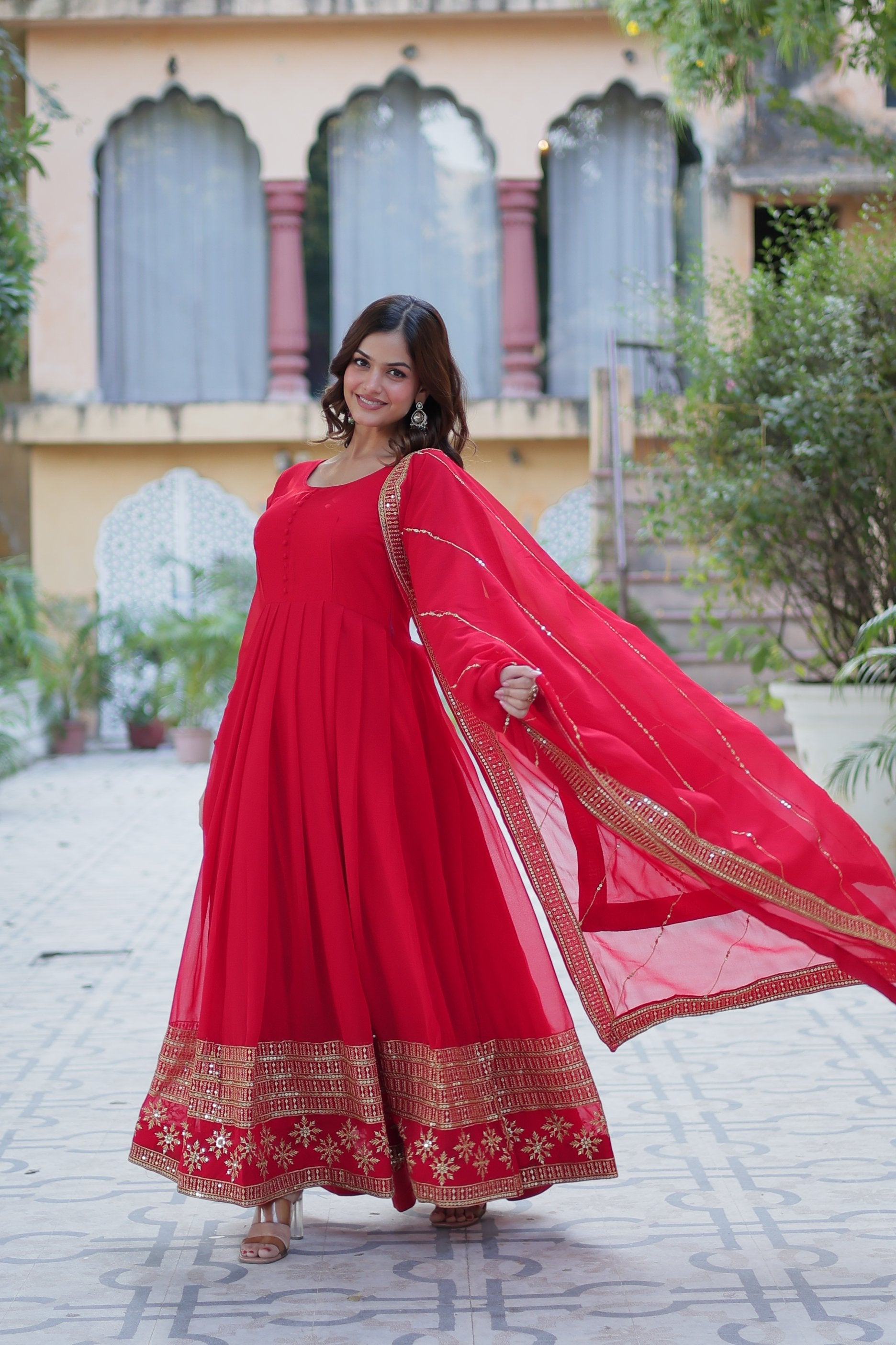 Jyoti Fashion Women's Red Faux Blooming Multi Sequins Embroidered Anarkali Set with Dupatta | Grocsy