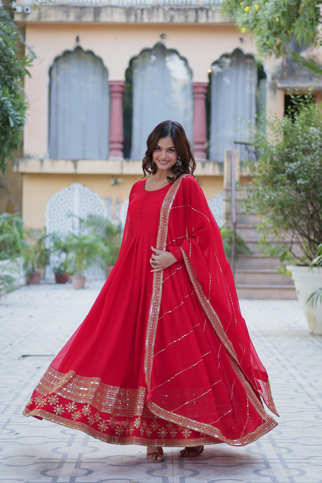 Jyoti Fashion Women's Red Faux Blooming Multi Sequins Embroidered Anarkali Set with Dupatta | Grocsy