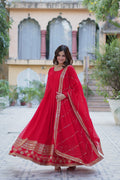 Jyoti Fashion Women's Red Faux Blooming Multi Sequins Embroidered Anarkali Set with Dupatta | Grocsy