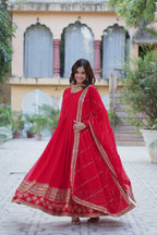 Jyoti Fashion Women's Red Faux Blooming Multi Sequins Embroidered Anarkali Set with Dupatta | Grocsy