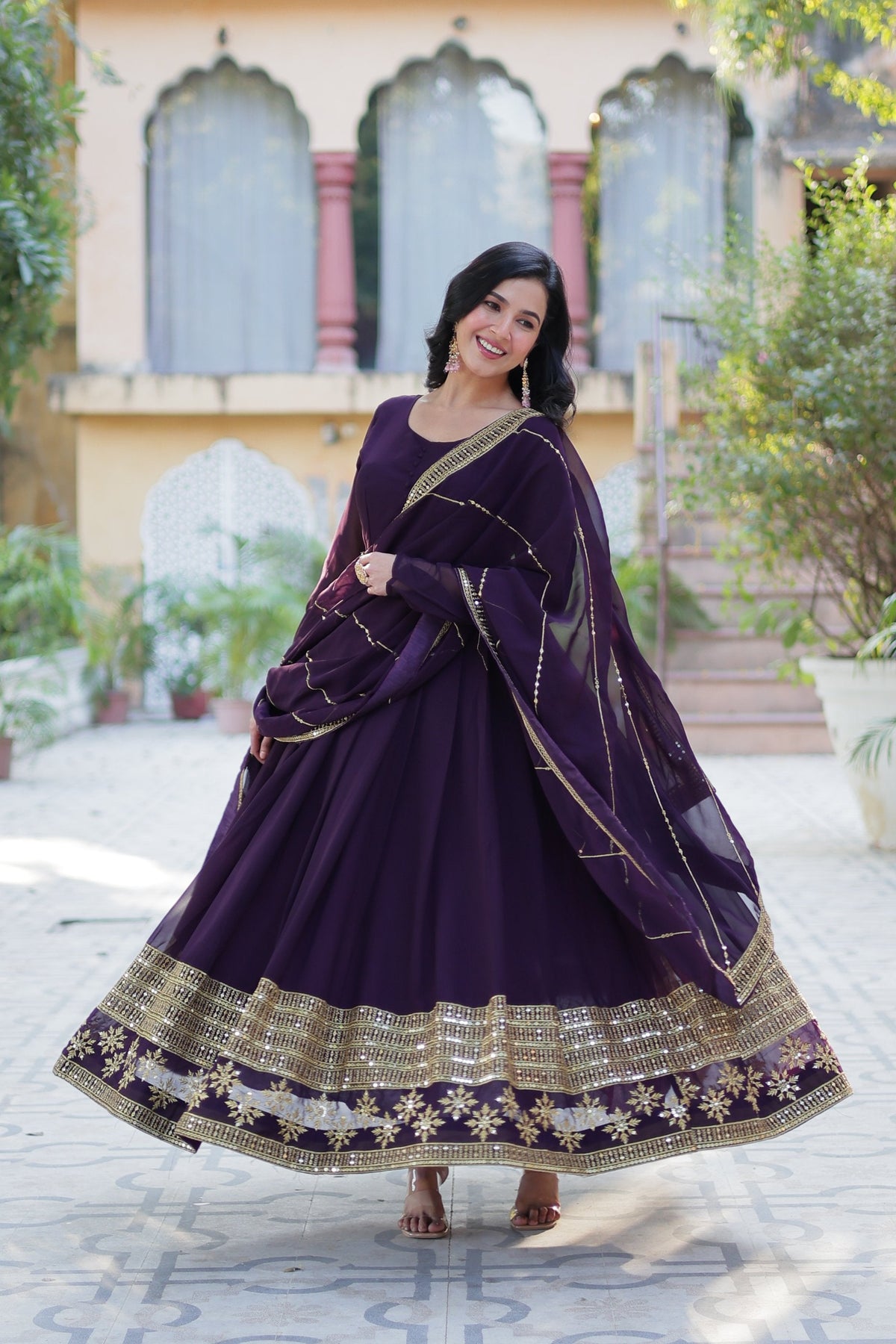 Jyoti Fashion Women's Wine Faux Blooming Multi Sequins Embroidered Anarkali Set with Dupatta | Grocsy