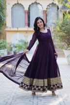 Jyoti Fashion Women's Wine Faux Blooming Multi Sequins Embroidered Anarkali Set with Dupatta | Grocsy