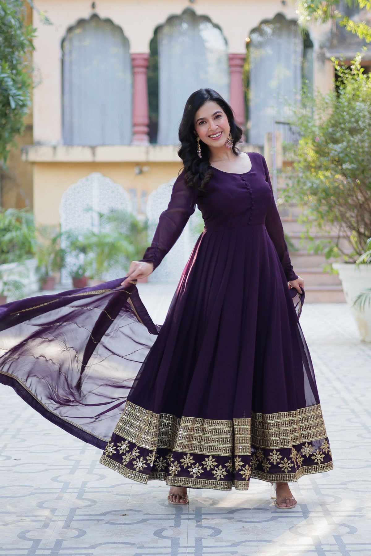 Jyoti Fashion Women's Wine Faux Blooming Multi Sequins Embroidered Anarkali Set with Dupatta | Grocsy