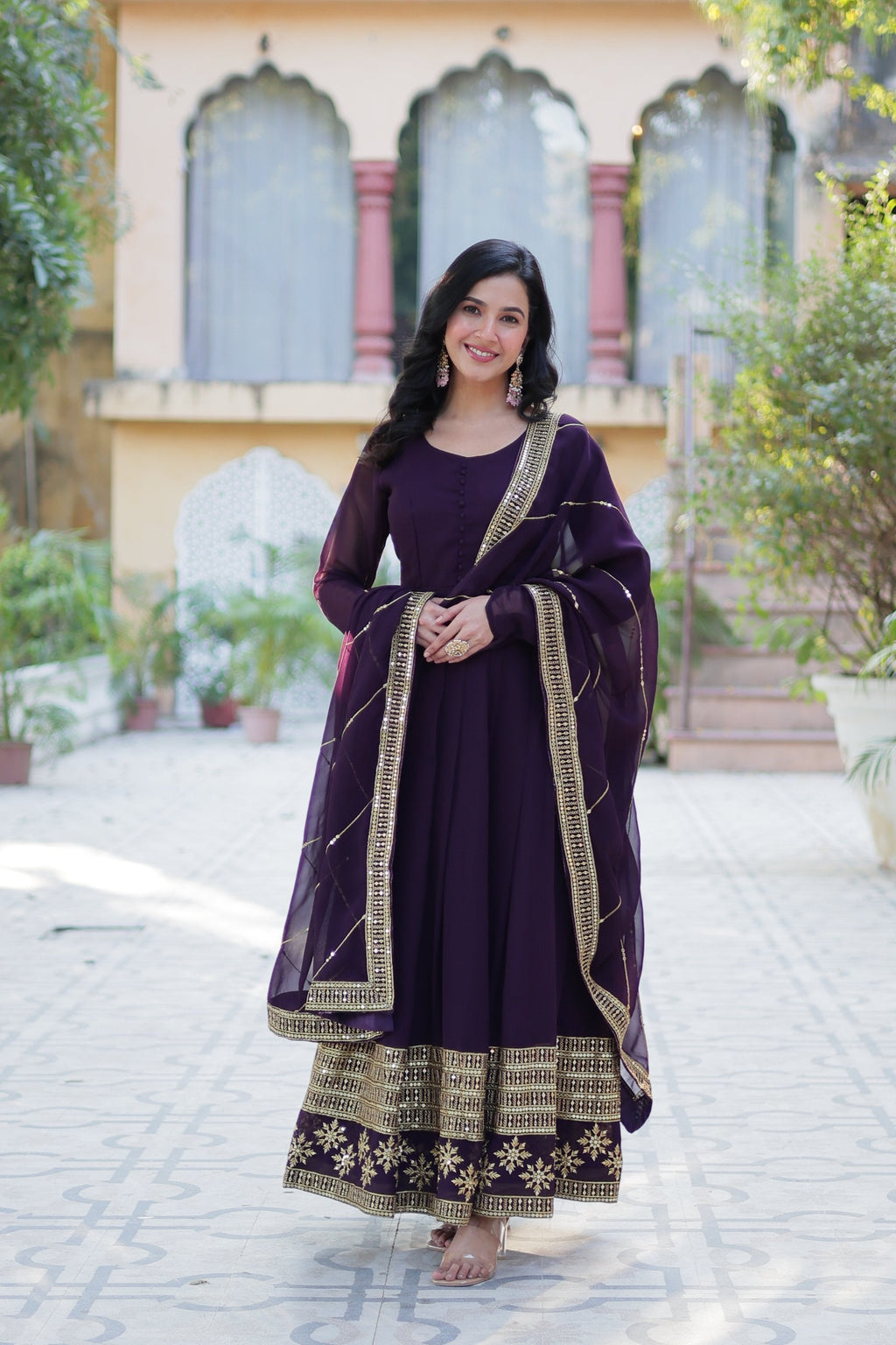Jyoti Fashion Women's Wine Faux Blooming Multi Sequins Embroidered Anarkali Set with Dupatta | Grocsy