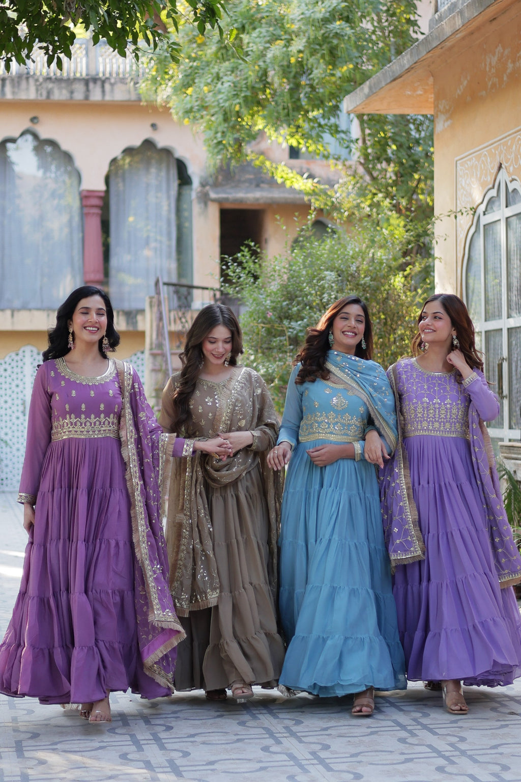 Jyoti Fashion Women's Jamuni, Beige, Sky Blue & Purple Star Georgette Rich Sequins Embroidered Combo Anarkali Set with Dupatta | Grocsy