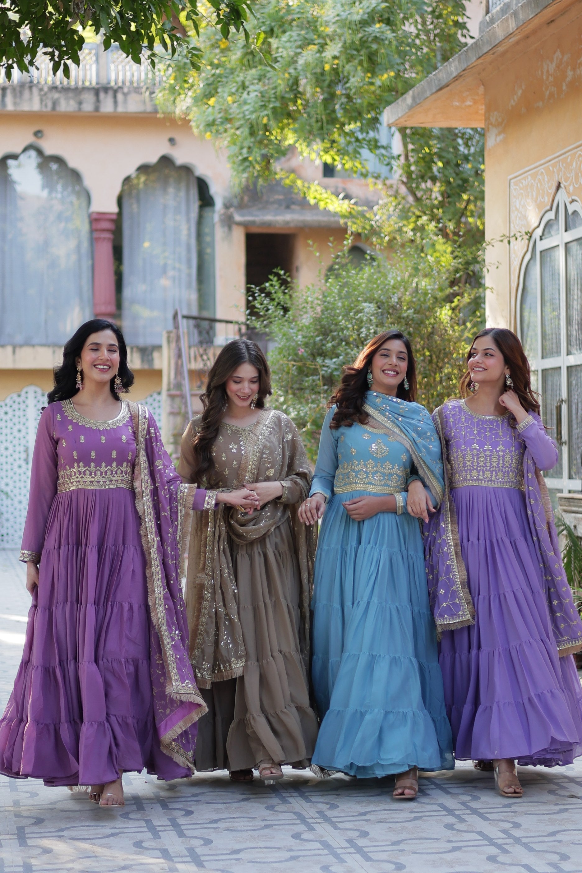 Jyoti Fashion Women's Jamuni, Beige, Sky Blue & Purple Star Georgette Rich Sequins Embroidered Combo Anarkali Set with Dupatta | Grocsy