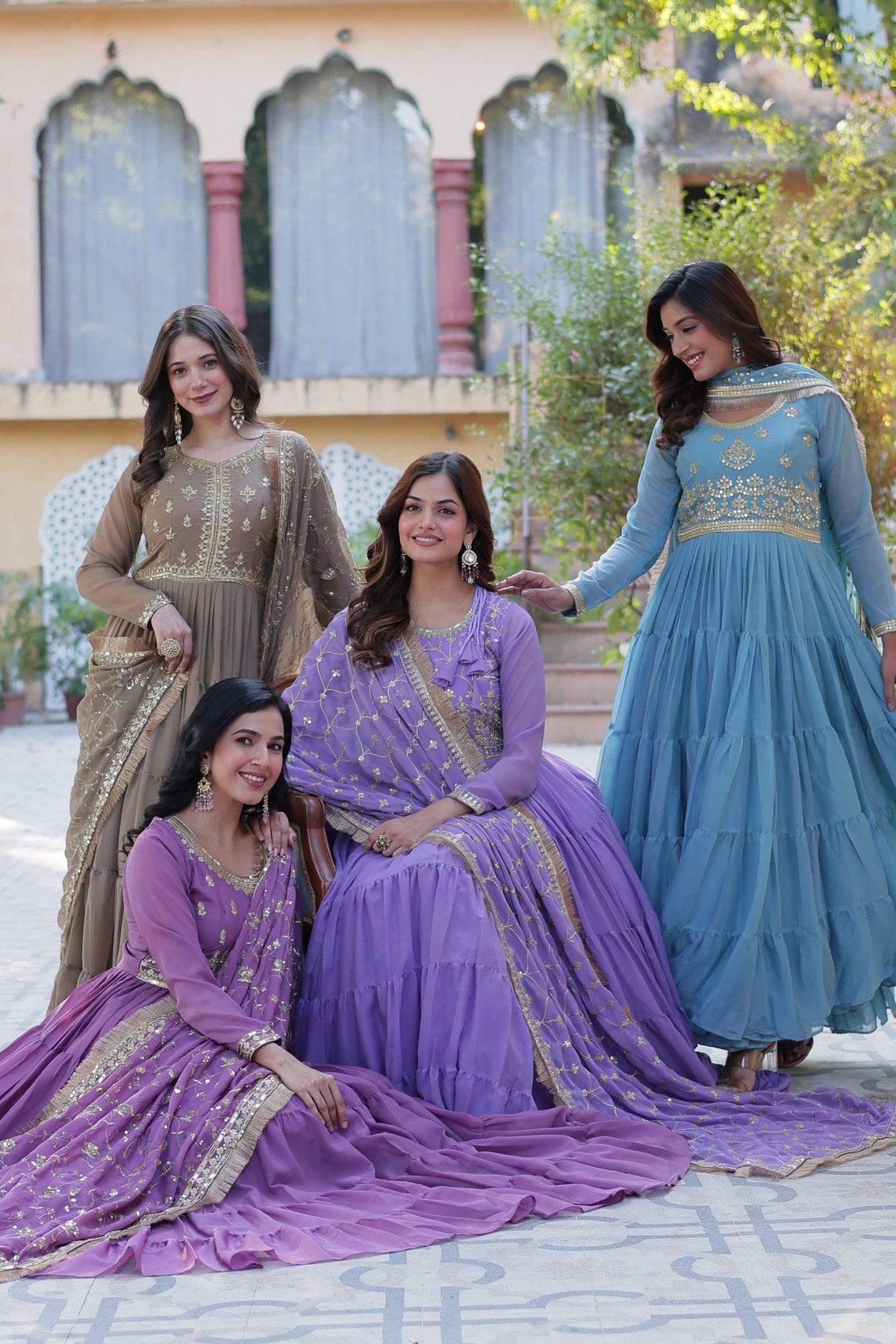 Jyoti Fashion Women's Jamuni, Beige, Sky Blue & Purple Star Georgette Rich Sequins Embroidered Combo Anarkali Set with Dupatta | Grocsy